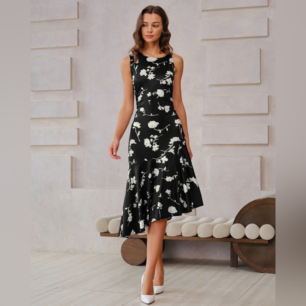 Black Floral Mermaid Sleeveless Midi Dress